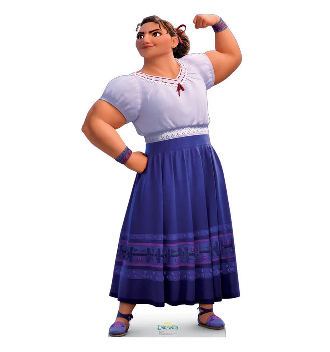 Cardboard standup figure of a young woman with brown hair in a bun, wearing a lavender short-sleeved blouse with decorative neckline, blue skirt with patterned hem, and purple wrist bands, flexing her bicep in a confident pose.