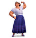 Cardboard standup figure of a young woman with brown hair in a bun, wearing a lavender short-sleeved blouse with decorative neckline, blue skirt with patterned hem, and purple wrist bands, flexing her bicep in a confident pose.