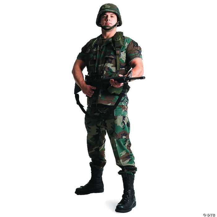 Life-size cardboard standup of a soldier in green and brown camouflage uniform, helmet, and boots, holding a rifle and standing against a white background.