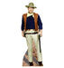 Life-size cardboard cutout of a cowboy wearing a tan hat, brown leather vest, dark blue shirt, yellow bandana, cream pants, and gun belt with holstered revolver.