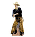 Cardboard cutout of a cowboy wearing a cream-colored Stetson hat, navy blue shirt, yellow bandana, tan chaps with dark boots, and holding a silver revolver at his side.