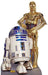 Two Star Wars character cardboard standups featuring R2-D2, a white and blue cylindrical droid, and C-3PO, a gold humanoid robot, positioned side by side.