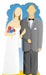 Illustrated life-size cardboard standup of a bride in white gown with colorful bouquet and a groom in gray tuxedo with bow tie, standing together against a blue sky background.