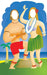 Cardboard standup cutout featuring two smiling figures in Hawaiian attire with face cutouts, one holding a ukulele wearing red shorts, the other in a grass skirt with lei necklace, set against a tropical beach scene with palm tree and blue sky.
