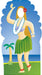 Cardboard cutout of a hula dancer with blonde hair, red flower lei, grass skirt, and lei necklace, posed with raised arm against a tropical beach background with palm tree and ocean.