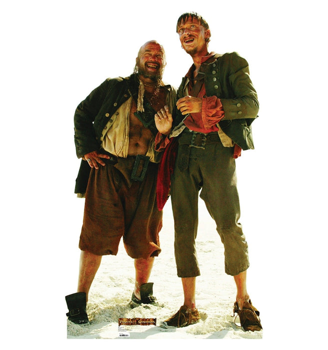 Two life-size cardboard cutout figures dressed as pirates in tattered costumes with green jackets, standing together against a white background.