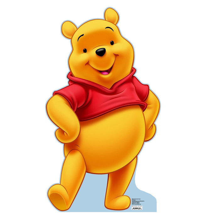Golden yellow bear character with round body wearing a red shirt, featuring a cheerful smiling face and rounded ears, shown as a life-size cardboard standup cutout.