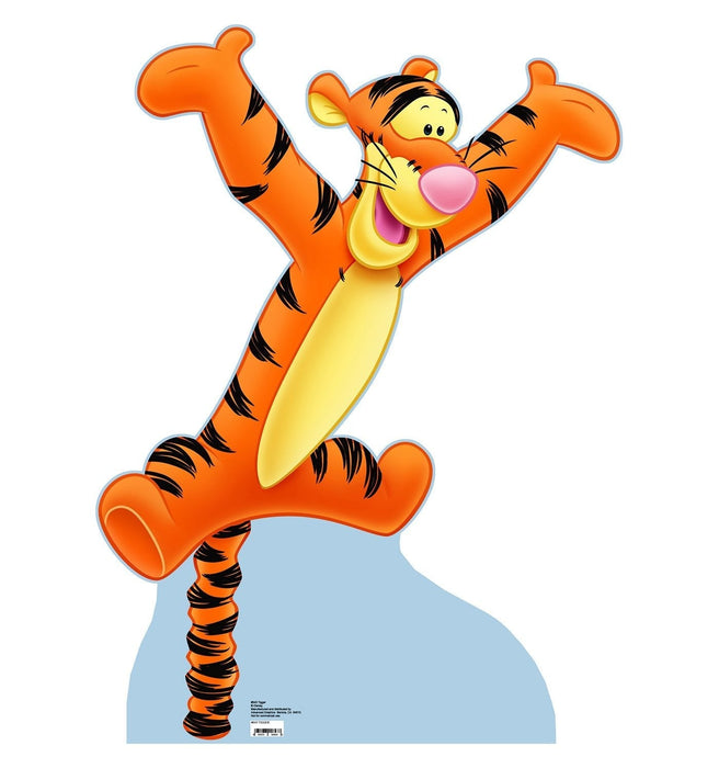 Cheerful orange and black striped tiger character with yellow belly and pink nose, standing with arms raised in a celebratory pose on a light blue base.