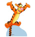Cheerful orange and black striped tiger character with yellow belly and pink nose, standing with arms raised in a celebratory pose on a light blue base.