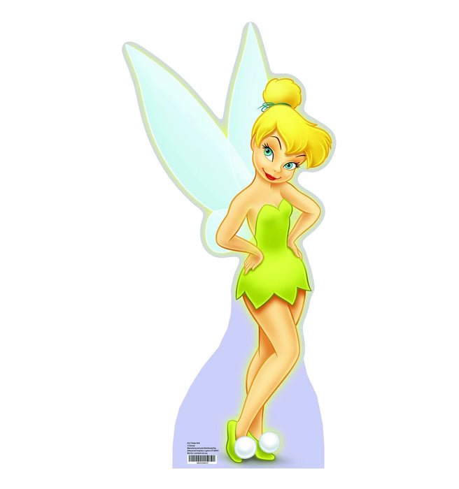 Cardboard standup cutout of a fairy character with blonde hair in a bun, bright blue eyes, wearing a lime green leaf-shaped dress and matching shoes, with translucent wings, standing against a light purple base.