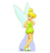 Cardboard standup cutout of a fairy character with blonde hair in a bun, bright blue eyes, wearing a lime green leaf-shaped dress and matching shoes, with translucent wings, standing against a light purple base.