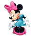 Minnie Mouse cardboard cutout standup featuring the character in a blue dress with a large pink bow, white gloves, and pink shoes against a white background.