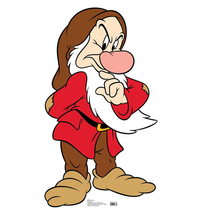 Cartoon character standup cutout featuring a dwarf with brown hair and beard wearing a red coat, white undershirt, brown pants, and large tan shoes.