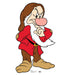Cartoon character standup cutout featuring a dwarf with brown hair and beard wearing a red coat, white undershirt, brown pants, and large tan shoes.