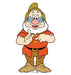 Cardboard standup cutout of a cheerful gnome character with a white beard, round blue glasses, pink nose, tan pointed hat, orange jacket with yellow buttons and belt, and brown pants and boots, with both hands raised in a welcoming gesture.