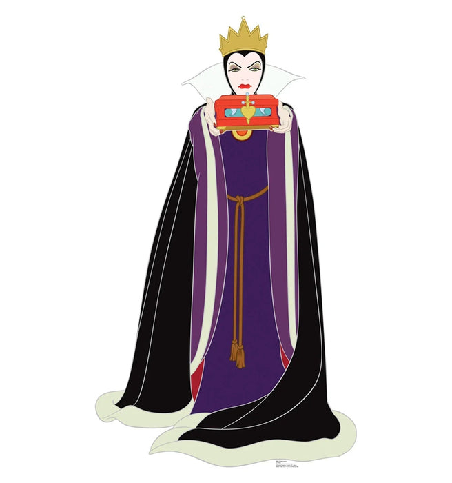 Evil queen character in purple gown with black cape trimmed in white fur, gold crown, and holding a red ornamental mirror, depicted as a full-size cardboard standup figure.