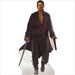 Life-size cardboard standup of a man wearing a dark brown coat and burgundy shirt, holding two swords at his sides.