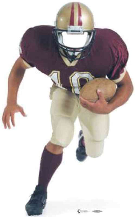 Cardboard cutout of a young football player wearing a maroon jersey with gold and white stripes on the helmet, white pants, and dark socks, holding a football while running.