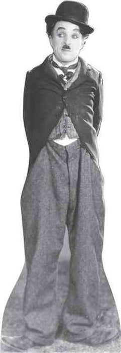 Black and white cardboard standee depicting a man in a bowler hat, dark jacket, and baggy pants with a distinctive mustache, shown in full length against a white background.