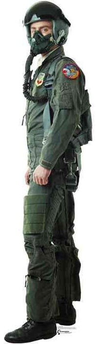 Full-size cardboard cutout of a fighter pilot in olive green flight suit, oxygen mask, and helmet, standing in profile against a white background.