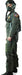 Full-size cardboard cutout of a fighter pilot in olive green flight suit, oxygen mask, and helmet, standing in profile against a white background.