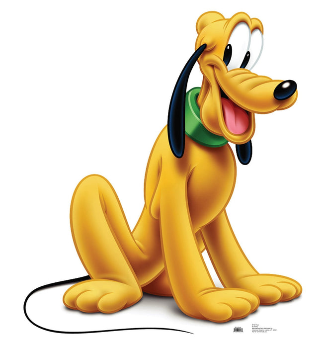 Golden yellow cartoon dog character with long black ears, large expressive eyes, pink tongue, and green collar standing upright with black tail.