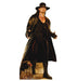Life-size cardboard standup figure of a man in black leather coat and wide-brimmed hat with a stern expression, standing against a white background.