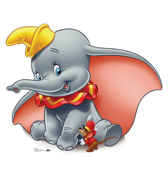 Gray elephant character with large ears wearing a red cape with yellow trim, accompanied by a small mouse figure, both with cheerful expressions.