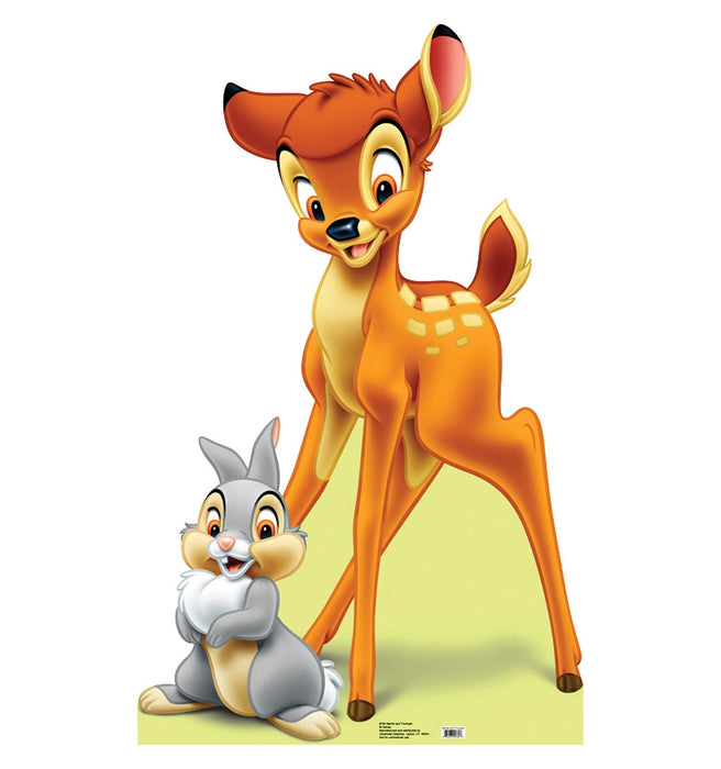 Cardboard cutout standup featuring an orange and yellow fawn with large ears standing behind a gray and white rabbit, both with bright smiling expressions against a yellow-green background.