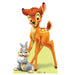 Cardboard cutout standup featuring an orange and yellow fawn with large ears standing behind a gray and white rabbit, both with bright smiling expressions against a yellow-green background.