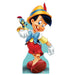 Cardboard standup cutout of Pinocchio in a yellow and blue outfit with red pants, holding a small figure of Jiminy Cricket with an umbrella on his shoulder.