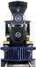 Dark blue vintage steam locomotive with gold accents, featuring the number 60, a tall smokestack, circular headlight, and decorative cow catcher on the front.