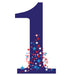 Dark blue number 1 cardboard standup decorated with red, white, and teal stars and dots cascading from the bottom.