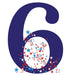 Navy blue number 6 cutout with white oval center filled with red, blue, and white stars and dots in a celebratory design.