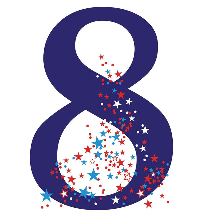 Navy blue number 8 shaped standup with white circular cutouts and red, blue, and white stars and dots scattered throughout the design.