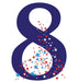Navy blue number 8 shaped standup with white circular cutouts and red, blue, and white stars and dots scattered throughout the design.