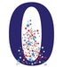 Large dark blue number zero standup with white center filled with red, blue, and white stars in a cascading spray pattern.