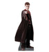 Life-size cardboard standup of a young wizard wearing round glasses, a burgundy and gold striped tie, and a long dark brown robe with red lining, pointing forward while looking over his shoulder.