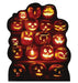 Cardboard standup display featuring eighteen illuminated jack-o'-lantern pumpkins arranged in five rows with carved glowing faces in orange and yellow against a black background.