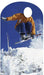 Life-size cardboard standup of a snowboarder in a gold jacket and blue pants mid-jump against a blue sky with snowy trees below, featuring a blank oval cutout for a face.