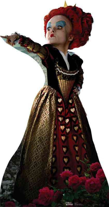 Life-size cardboard cutout of the Red Queen character wearing an ornate black and gold gown with a red heart-patterned skirt, dramatic red curled hair with a gold crown, blue face makeup, holding a colorful serpent staff, surrounded by red roses.