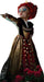 Life-size cardboard cutout of the Red Queen character wearing an ornate black and gold gown with a red heart-patterned skirt, dramatic red curled hair with a gold crown, blue face makeup, holding a colorful serpent staff, surrounded by red roses.