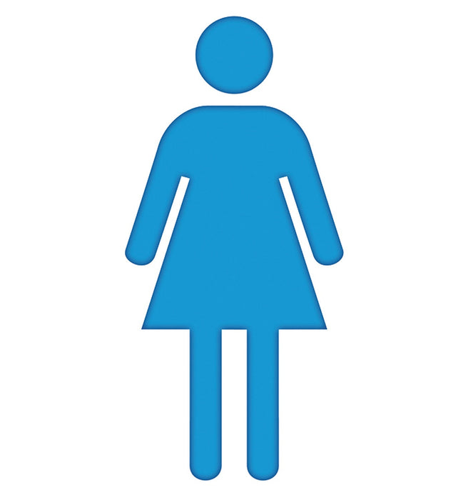 Blue female figure symbol in simplified geometric form with a circular head, rounded shoulders, trapezoidal dress shape, and straight legs.