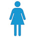 Blue female figure symbol in simplified geometric form with a circular head, rounded shoulders, trapezoidal dress shape, and straight legs.