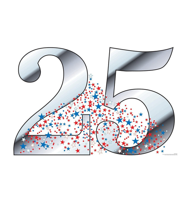 Large metallic silver numbers "25" with red, white, and blue stars bursting outward from the center in a celebratory design.