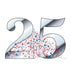 Large metallic silver numbers "25" with red, white, and blue stars bursting outward from the center in a celebratory design.
