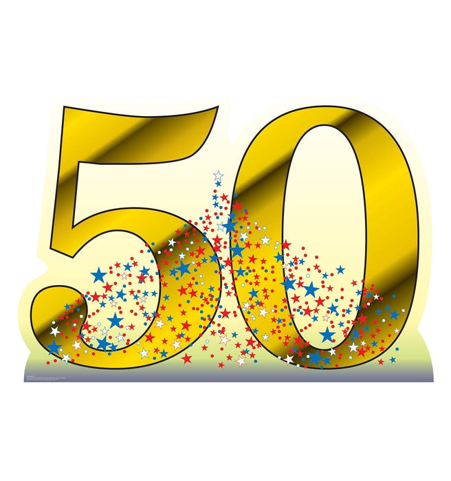Large gold number 50 with 3D shading effect and colorful confetti stars bursting from the center in red, blue, yellow, and white.