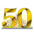 Large gold number 50 with 3D shading effect and colorful confetti stars bursting from the center in red, blue, yellow, and white.