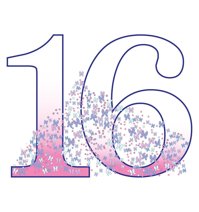 Large blue outlined number 16 filled with pink and purple butterflies and dots on a pink gradient base.