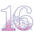 Large blue outlined number 16 filled with pink and purple butterflies and dots on a pink gradient base.